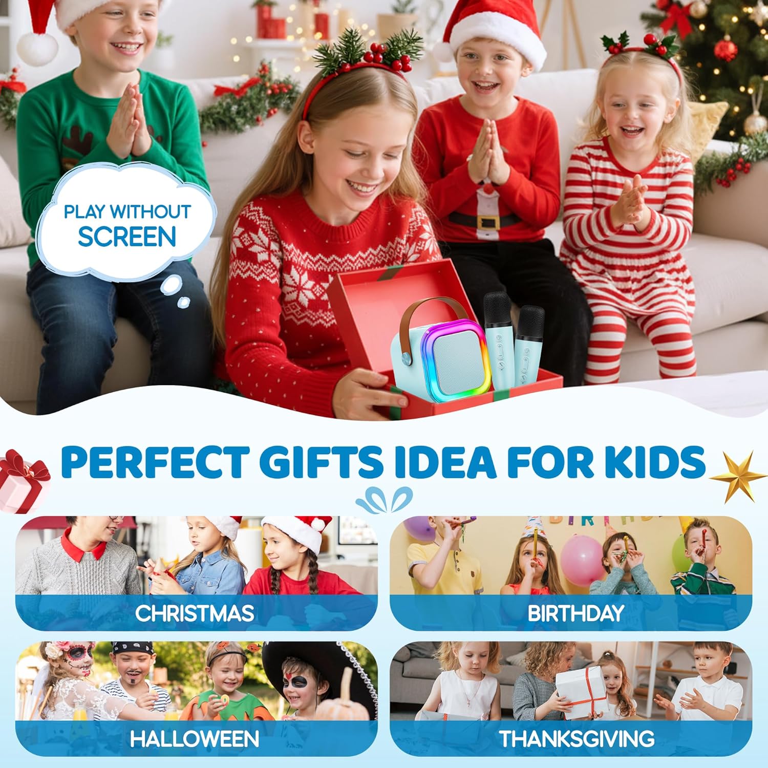 Mini Karaoke Machine for Kids, 2025 TOP Toys Christmas Birthday Gifts Ideas for Girls Ages 4, 5, 6, 7, 8, 9, 10, 12+ Years Old, Portable MP3 Player with 2 Wireless Mics for Party Blue