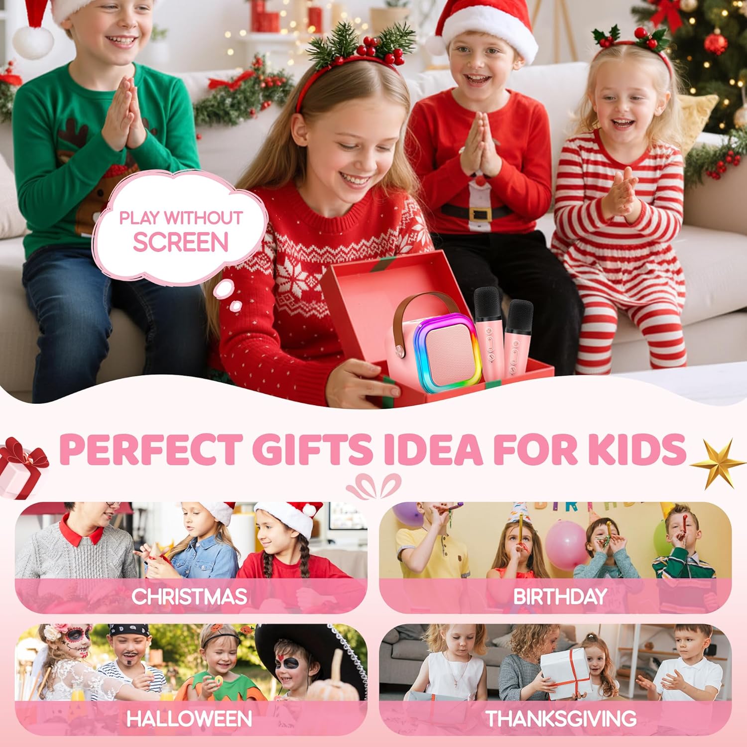 Mini Karaoke Machine for Kids, 2025 TOP Toys Christmas Birthday Gifts Ideas for Girls Ages 4, 5, 6, 7, 8, 9, 10, 12+ Years Old, Portable MP3 Player with 2 Wireless Mics for Party Pinkcolor