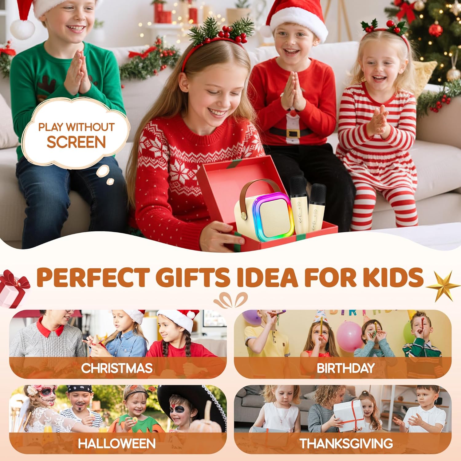 Mini Karaoke Machine for Kids, 2025 TOP Toys Christmas Birthday Gifts Ideas for Girls Ages 4, 5, 6, 7, 8, 9, 10, 12+ Years Old, Portable MP3 Player with 2 Wireless Mics for Party Off White