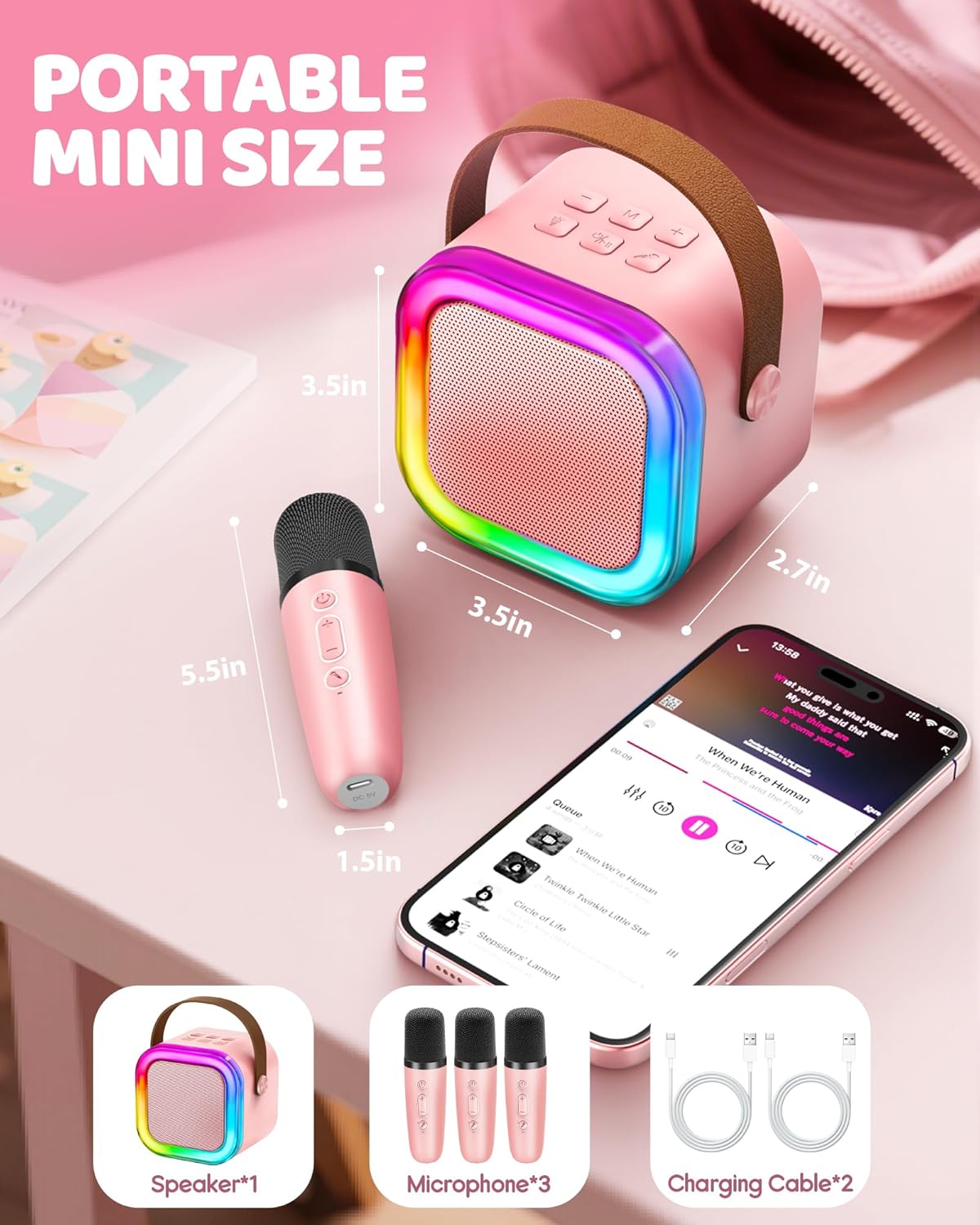 Mini Karaoke Machine for Kids, 2025 TOP Toys Christmas Birthday Gifts Ideas for Girls Ages 4, 5, 6, 7, 8, 9, 10, 12+ Years Old, Portable MP3 Player with 2 Wireless Mics for Party