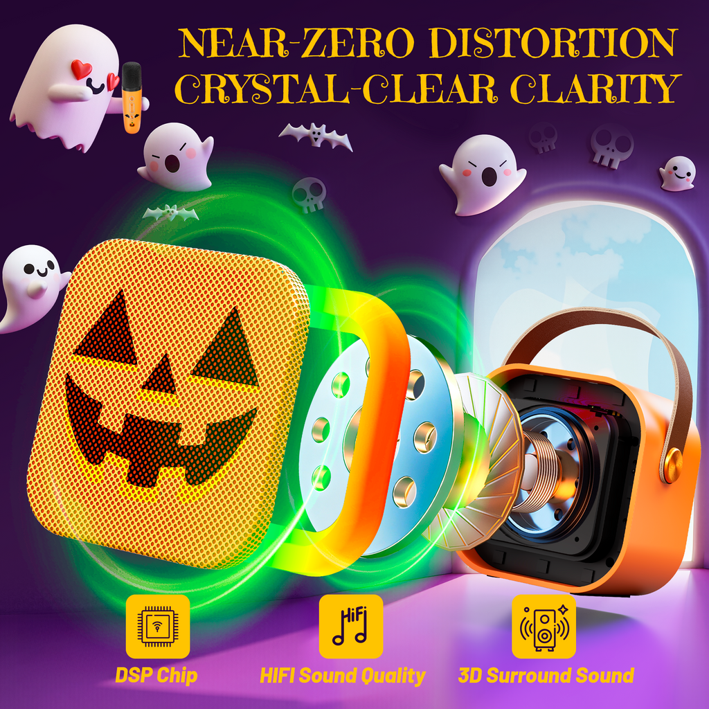 Mini Karaoke Machine for Kids, Halloween Party Supplies & 2025 TOP Toy Gifts Ideas for Girls Boys Ages 4-12, Portable MP3 Player with 2 Wireless Mics for Birthday Christmas Singing Games（Pumpkin）