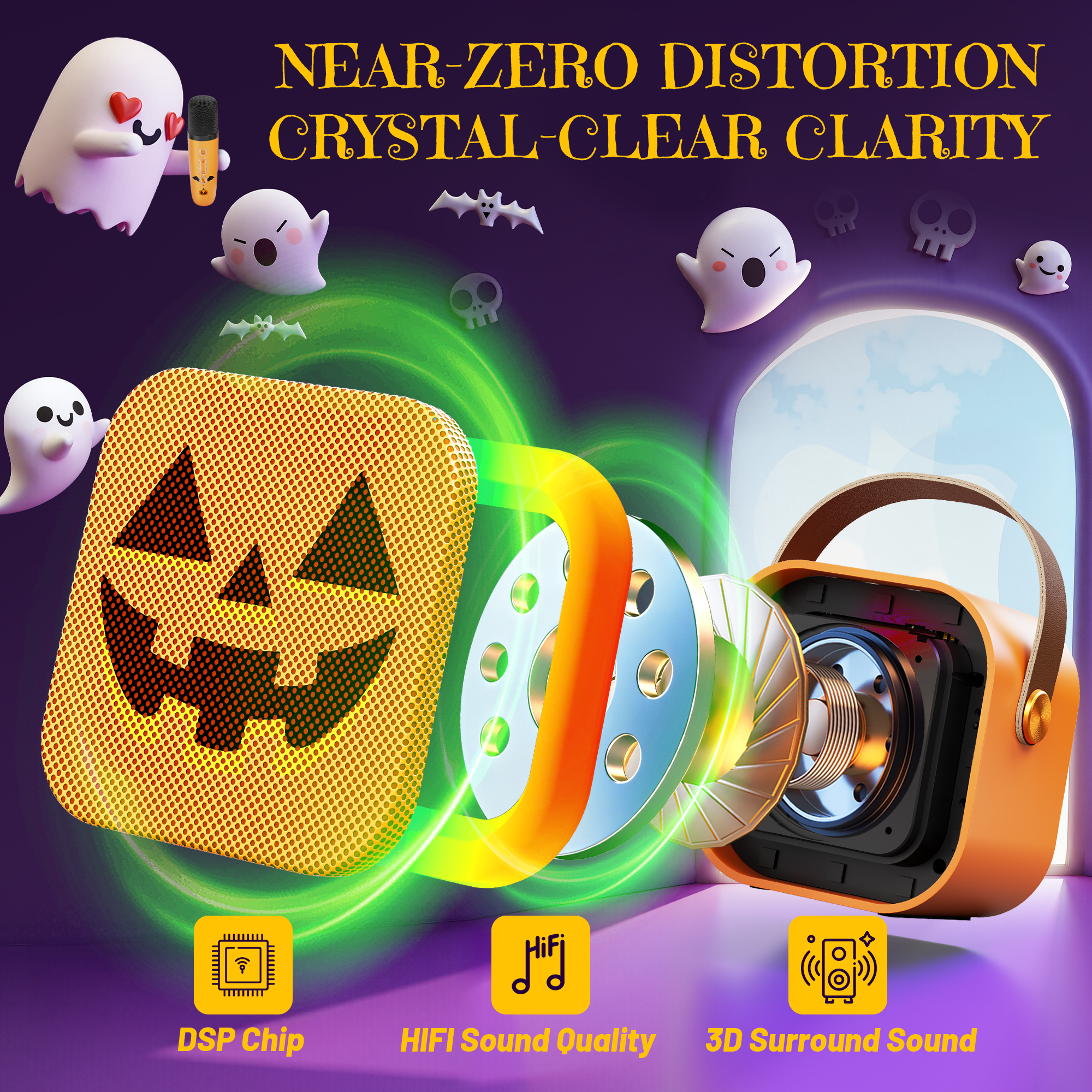 Mini Karaoke Machine for Kids, Halloween Party Supplies & 2025 TOP Toy Gifts Ideas for Girls Boys Ages 4-12, Portable MP3 Player with 2 Wireless Mics for Birthday Christmas Singing Games（Pumpkin）