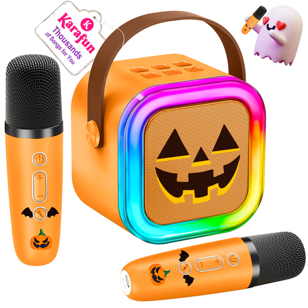 Mini Karaoke Machine for Kids, Halloween Party Supplies & 2025 TOP Toy Gifts Ideas for Girls Boys Ages 4-12, Portable MP3 Player with 2 Wireless Mics for Birthday Christmas Singing Games（Pumpkin）