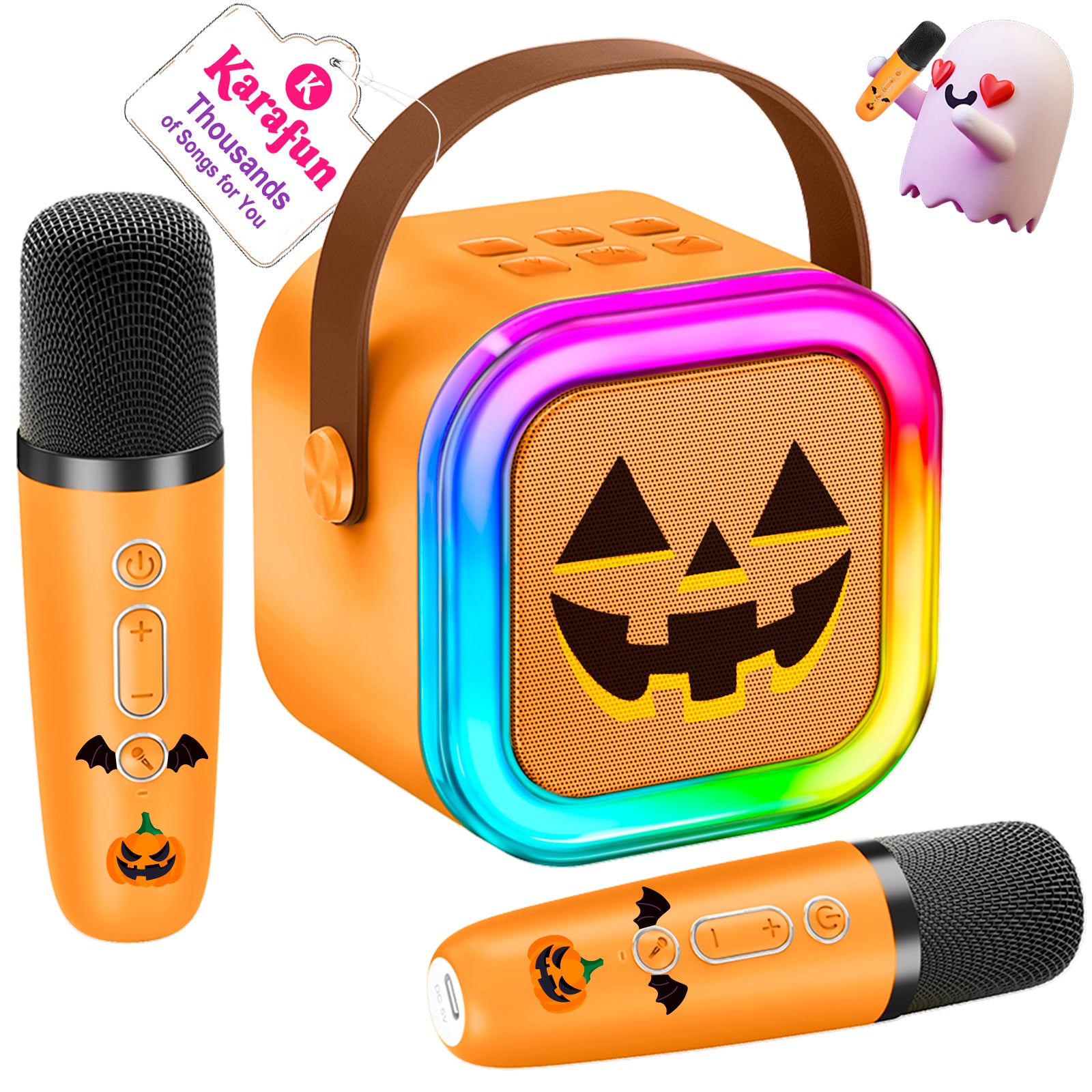 Mini Karaoke Machine for Kids, Halloween Party Supplies & 2025 TOP Toy Gifts Ideas for Girls Boys Ages 4-12, Portable MP3 Player with 2 Wireless Mics for Birthday Christmas Singing Games（Pumpkin）
