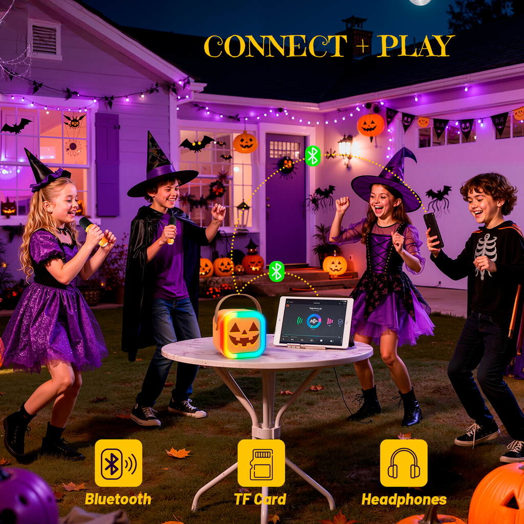 Mini Karaoke Machine for Kids, Halloween Party Supplies & 2025 TOP Toy Gifts Ideas for Girls Boys Ages 4-12, Portable MP3 Player with 2 Wireless Mics for Birthday Christmas Singing Games（Pumpkin）