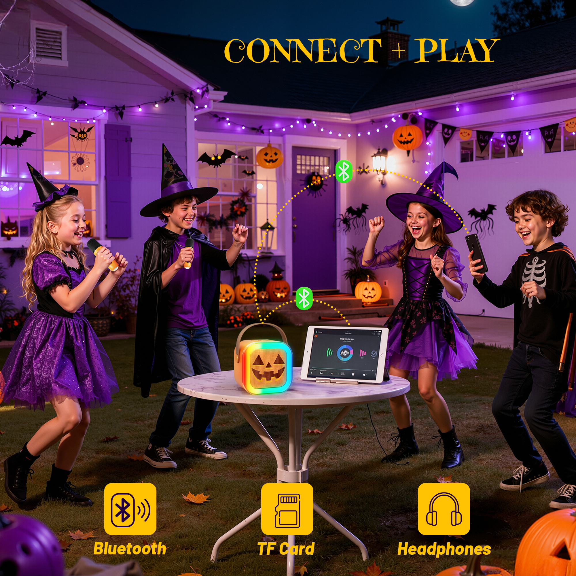 Mini Karaoke Machine for Kids, Halloween Party Supplies & 2025 TOP Toy Gifts Ideas for Girls Boys Ages 4-12, Portable MP3 Player with 2 Wireless Mics for Birthday Christmas Singing Games（Pumpkin）