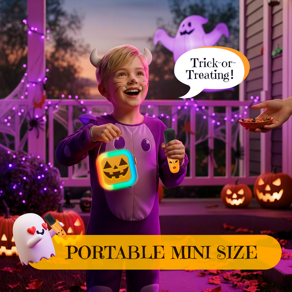 Mini Karaoke Machine for Kids, Halloween Party Supplies & 2025 TOP Toy Gifts Ideas for Girls Boys Ages 4-12, Portable MP3 Player with 2 Wireless Mics for Birthday Christmas Singing Games（Pumpkin）