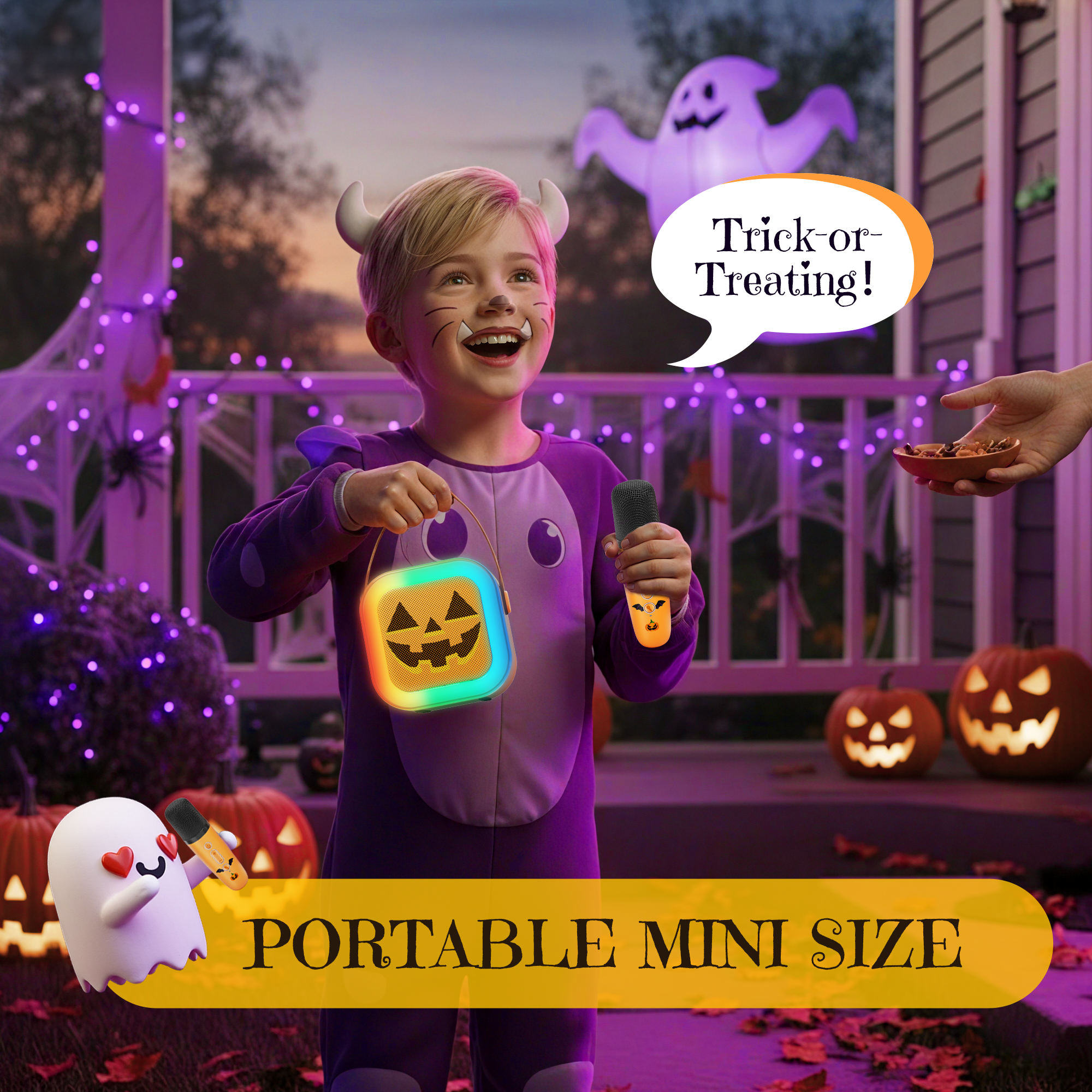 Mini Karaoke Machine for Kids, Halloween Party Supplies & 2025 TOP Toy Gifts Ideas for Girls Boys Ages 4-12, Portable MP3 Player with 2 Wireless Mics for Birthday Christmas Singing Games（Pumpkin）