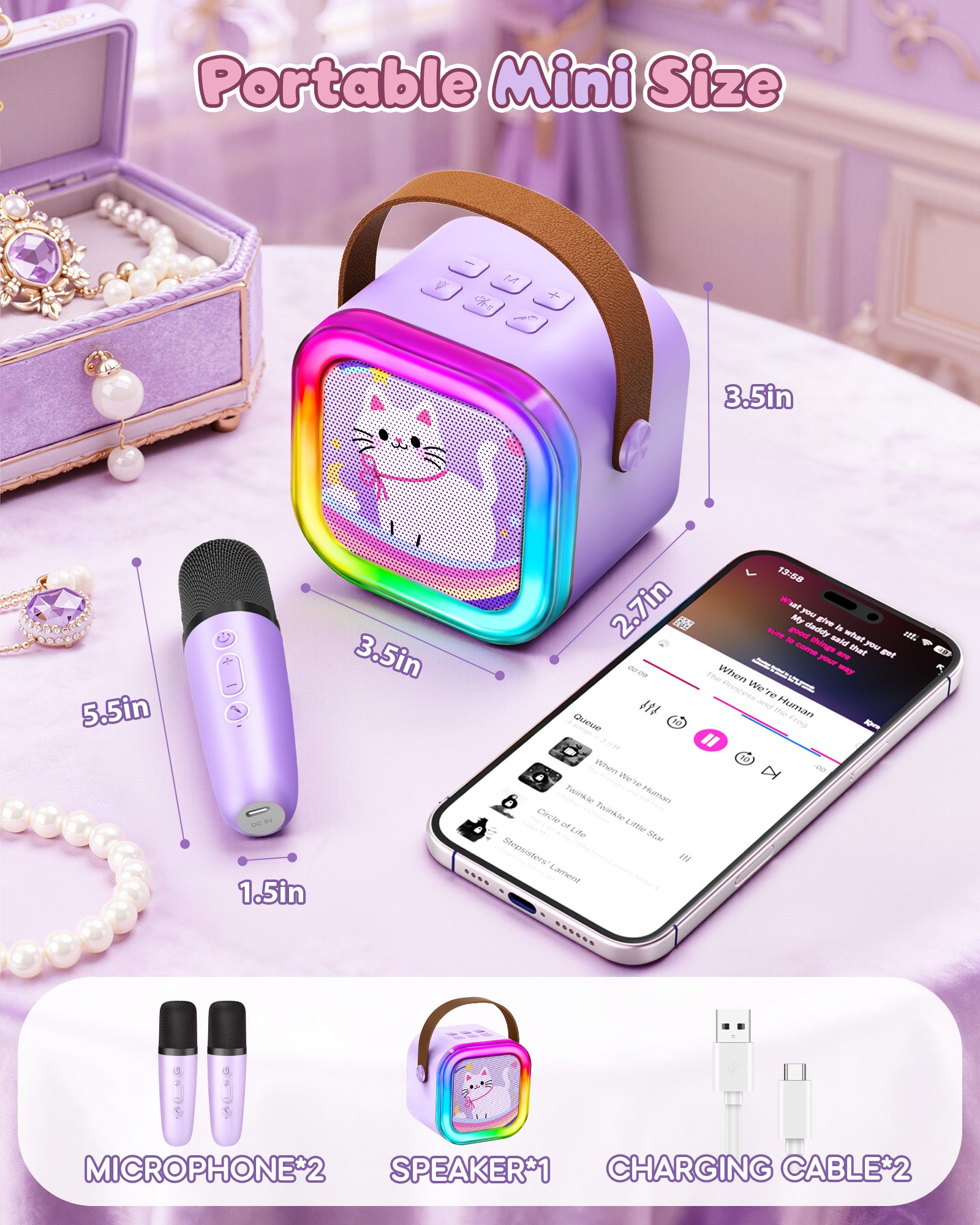 Mini Karaoke Machine for Kids, 2025 TOP Toys Birthday Gifts Ideas for Girls Ages 4, 5, 6, 7, 8, 9, 10, 12+ Years Old, Portable MP3 Player with 2 Wireless Mics for Party