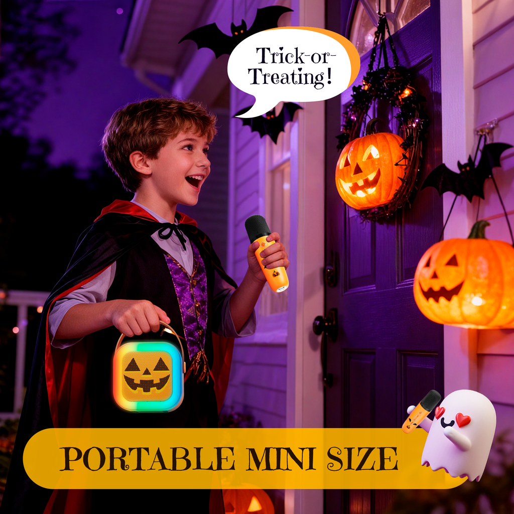 Mini Karaoke Machine for Kids, Halloween Party Supplies & 2025 TOP Toy Gifts Ideas for Girls Boys Ages 4-12, Portable MP3 Player with 2 Wireless Mics for Birthday Christmas Singing Games（Pumpkin）