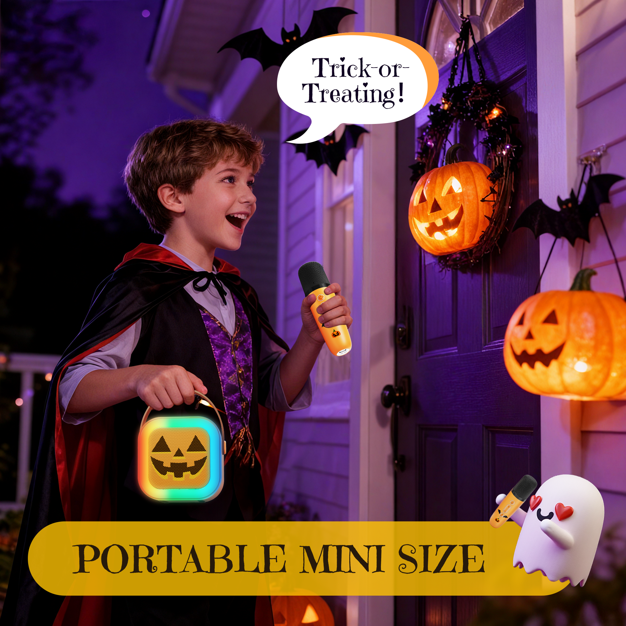 Mini Karaoke Machine for Kids, Halloween Party Supplies & 2025 TOP Toy Gifts Ideas for Girls Boys Ages 4-12, Portable MP3 Player with 2 Wireless Mics for Birthday Christmas Singing Games（Pumpkin）